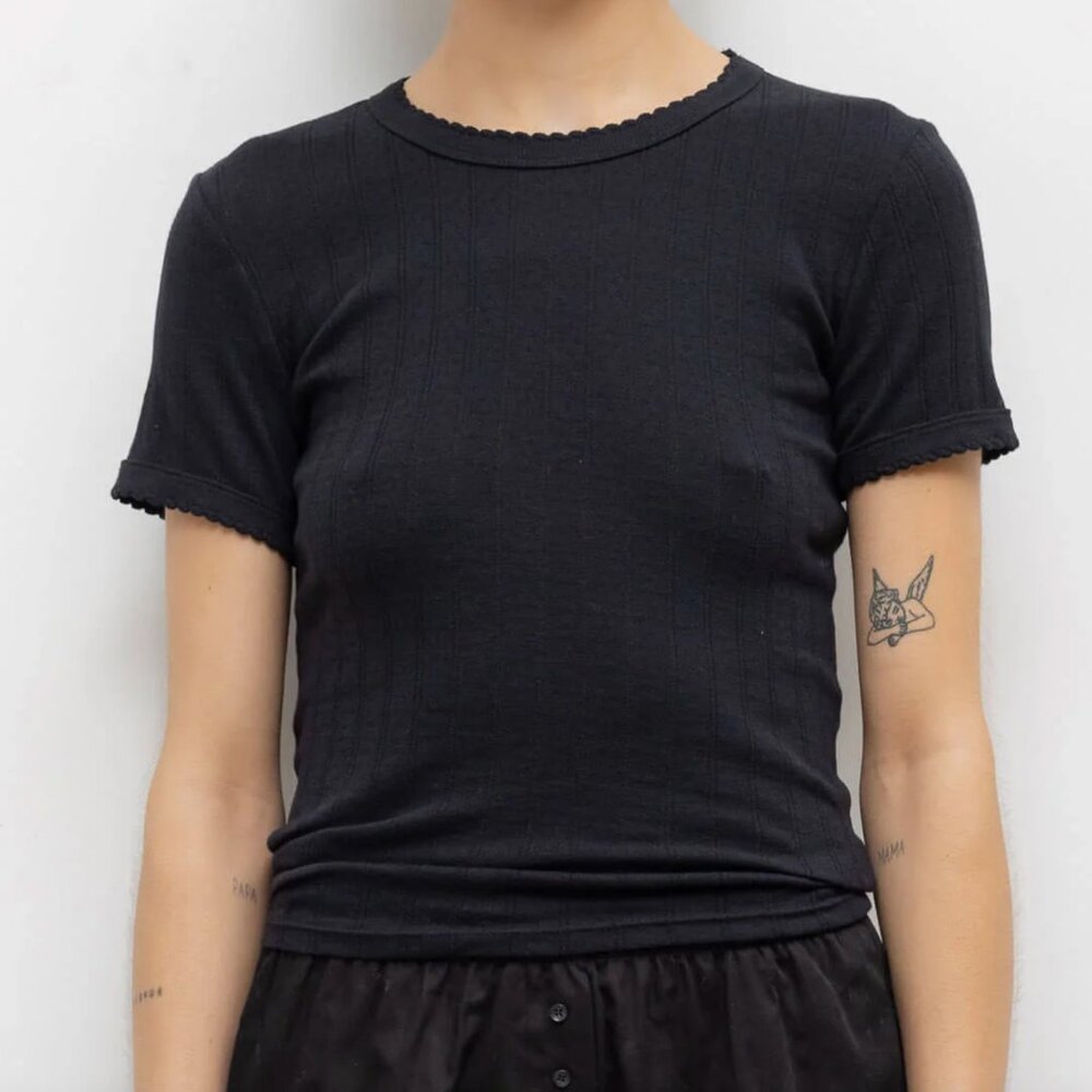 LESET Black Short Sleeve Ribbed Tee with Lettuce Edge